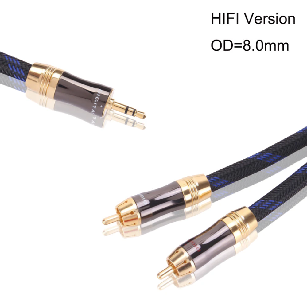 Cable de Audio HIFI de 3,5mm a 2 RCA (OD 8,0mm) Cable estéreo macho de 3,5 MM a 2 Rca macho para amplificador de DVD MP3 iPhone