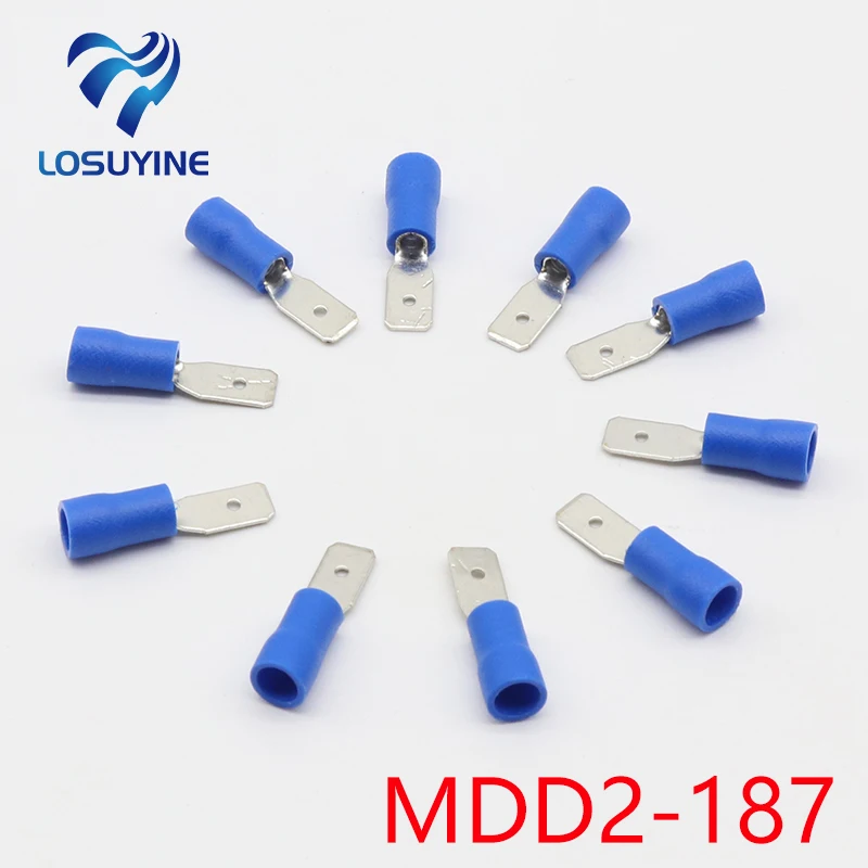 Terminales de conector rápido de pala aislada macho, Terminal de crimpado AWG MDD, MDD2-187, 50 unids/lote