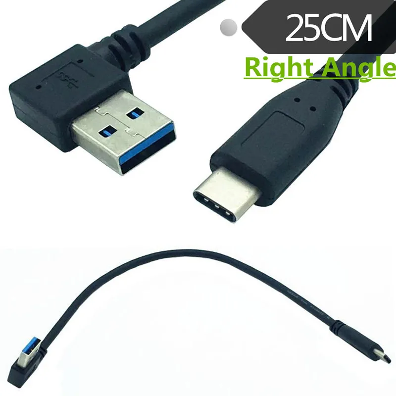USB 3,0 macho de ángulo izquierdo y derecho de 90 grados a USB 3,1 macho tipo C, conector de Cable de carga de sincronización de datos USB (negro), 0,25 m, 25cm - imagen 2