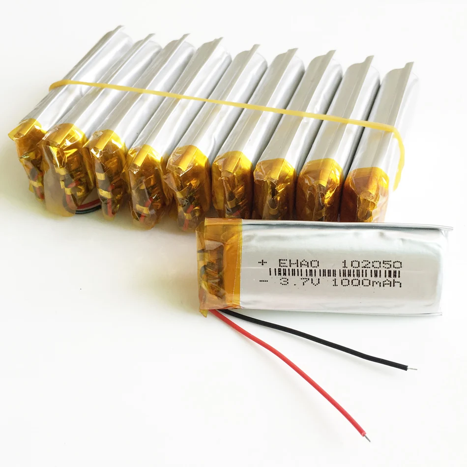 Lote de 10 Uds. De batería recargable Lipo de polímero de litio de 3,7 V, 1000mAh, 102050 para KTV, micrófono con cable para el hogar, cámara de Audio GPS