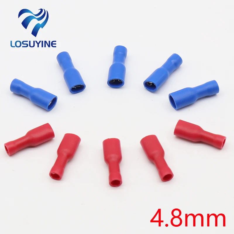 200 Uds 100 rojo + 100 azul completamente aislado 4,8mm conector de pala hembra Terminal de engarzado