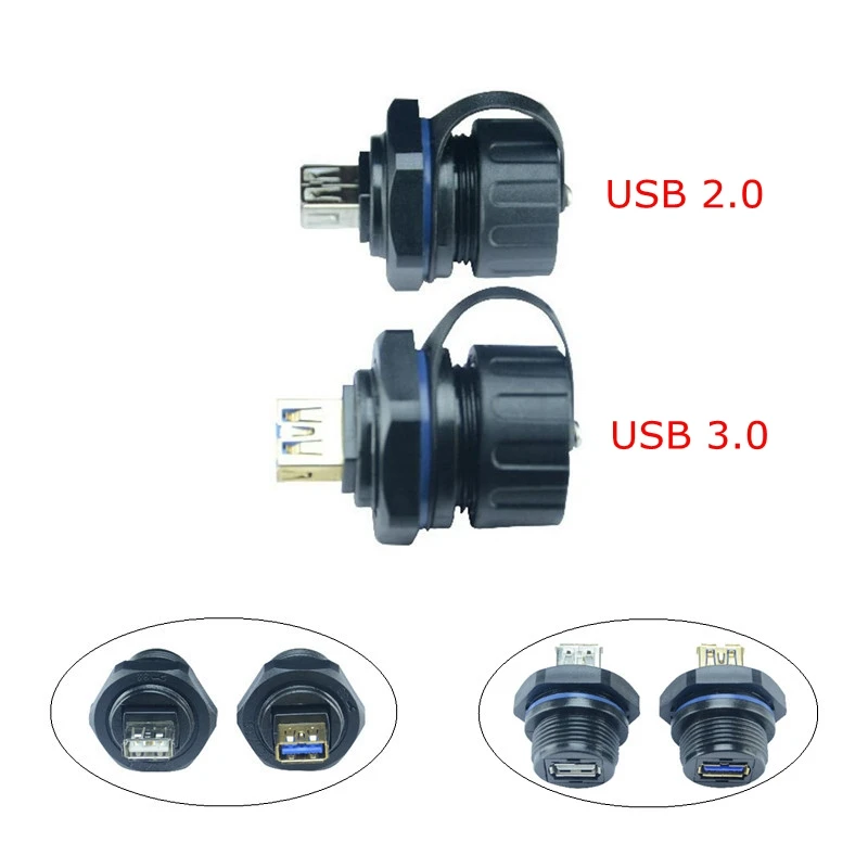 IP67 USB 2,0 4 pines USB 3,0 9 pines hembra a hembra conector de datos impermeable adaptador de enchufe IP 67 conectores a prueba de agua