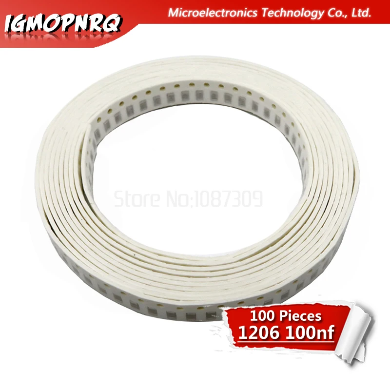 100 unidades, 100NF X7R Error 10% 50V 0,1 UF 104 1206 smd condensador