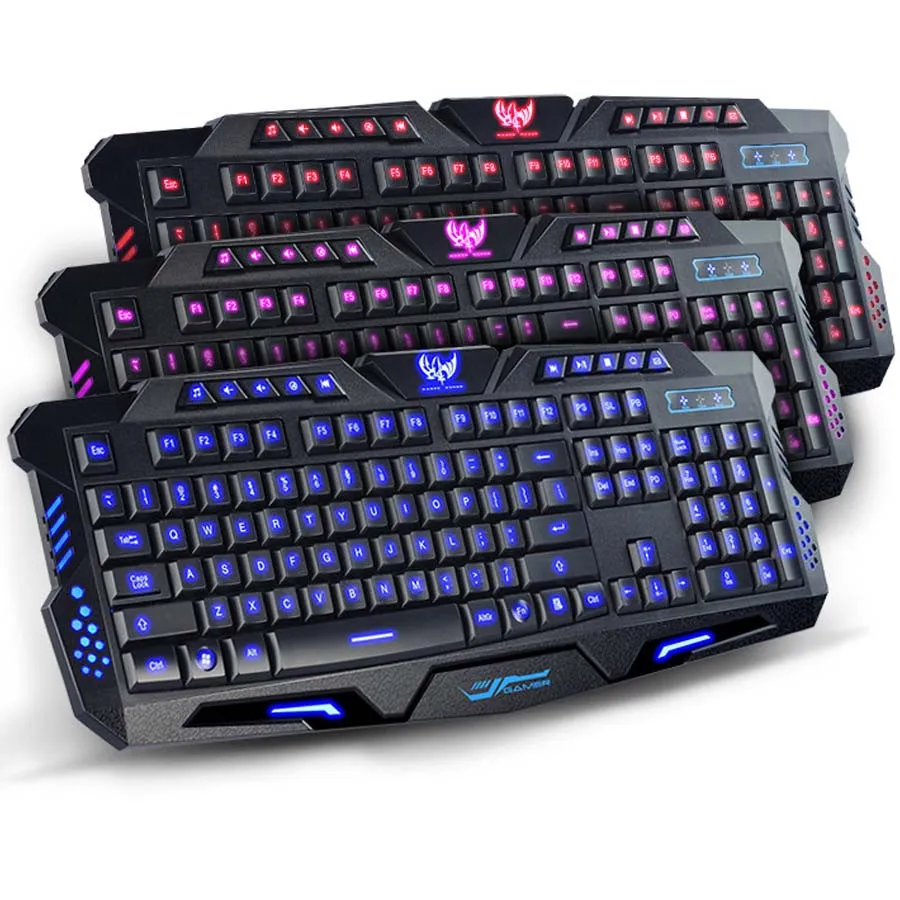 Teclado de juego LED retroiluminado tricolor Teclado de juego con cable táctil mecánico para PC y computadora portátil