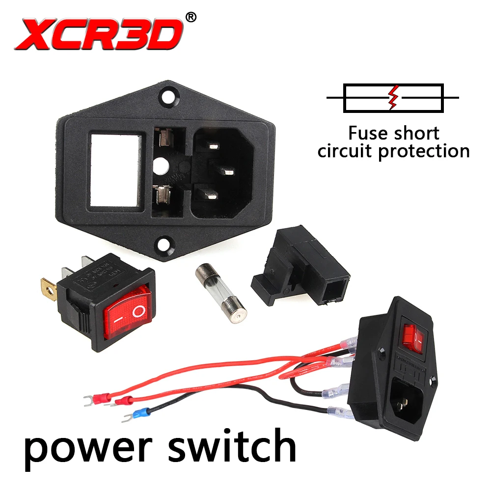 XCR3D-interruptor de alimentación, accesorios para impresora 3D, 220V/110V, 10A, interruptor de seguridad de cable fusible, sistema de protección de corriente corta