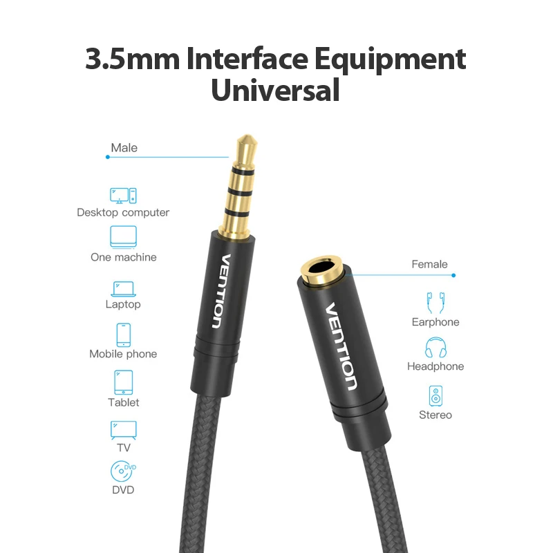 Vention Jack 3,5 Cable de extensión auxiliar para coche portátil Mini PC TV Xiaomi Huawei estéreo 3,5mm Jack auriculares altavoz Cable auxiliar - imagen 5