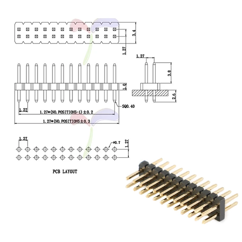 10 Uds. Cabezal de Pin de separación macho de doble fila de paso de 1,27mm 2*2/3/4/5/6/7/8/10/12/15/20/25/30/40/50 pines tira de conector de placa PCB - imagen 2