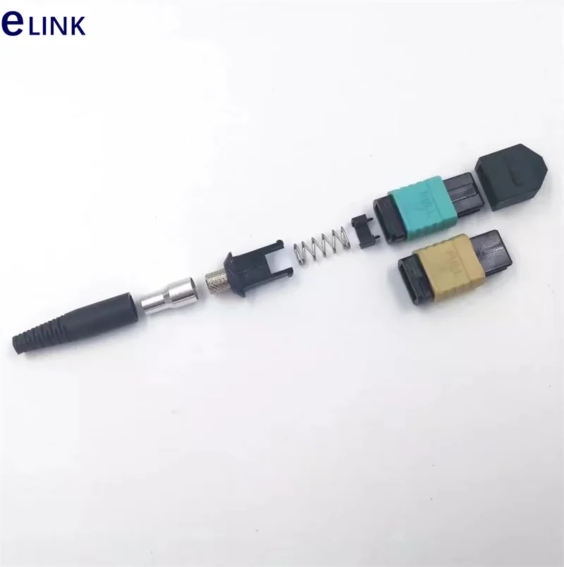 Kit de conector de fibra óptica MPO con virola, pérdida estándar hembra y masculina SM OM3 mm con bota redonda, 12 núcleos, hecho en China, 100 piezas