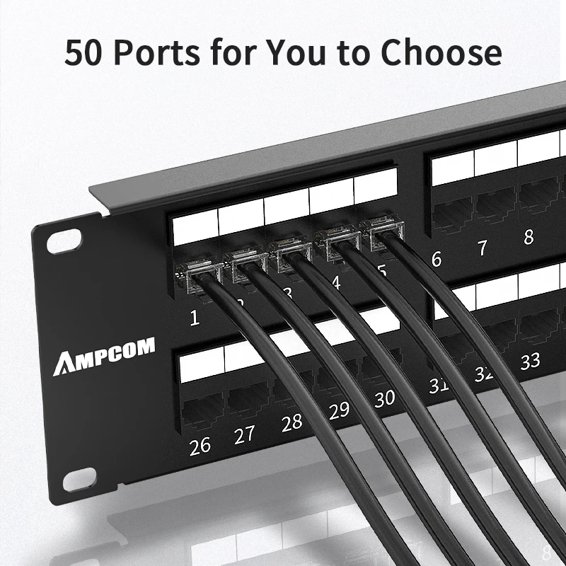 AMPCOM-Panel de conexiones de 25/50 puertos para teléfono móvil, montaje en estante de gabinete, 1U/2U, 19 pulgadas, RJ11/RJ45, conector Modular, chapado en oro 50u - imagen 5
