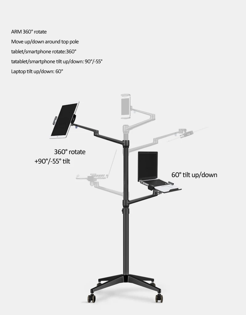 Soporte de suelo multifunción para ordenador UP-9L para ordenador portátil/tableta/soporte para teléfono altura/ángulo ajustable con rueda de aluminio - imagen 3