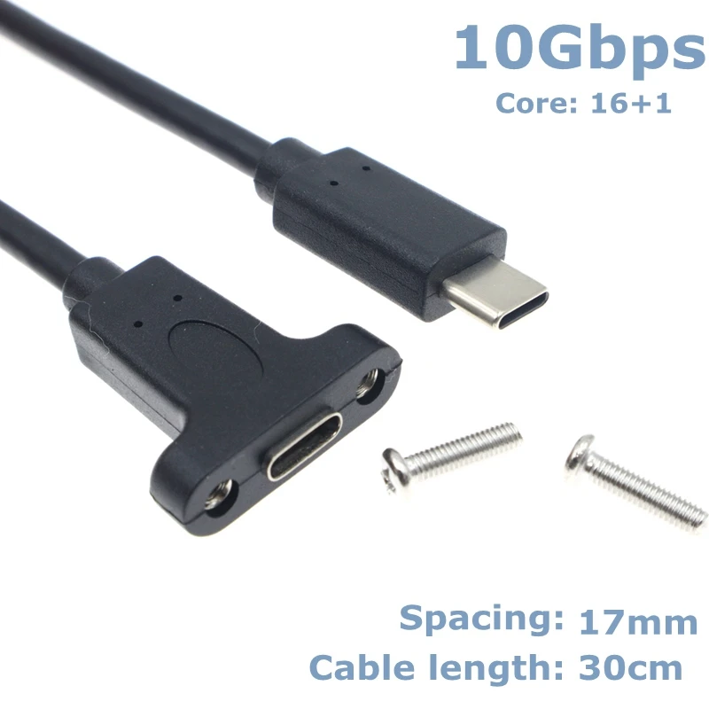 Conector de expansión macho a hembra, Cable de datos OTG con orificios para tornillos de montaje en Panel, 0,3 m de alta velocidad, 10gbps, USB C tipo-c, USB3.1