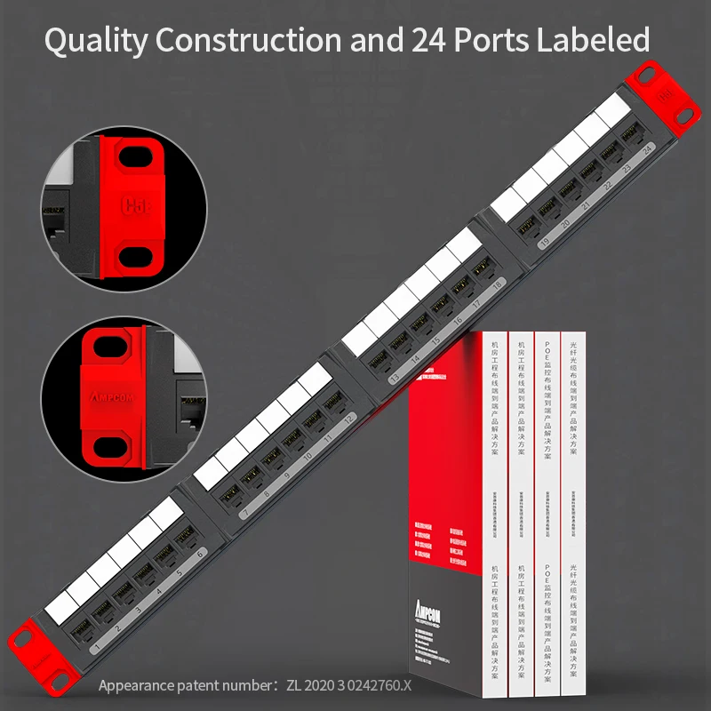 AMPCOM Premium Series CAT5e/6 Panel de conexión keystone de 24/48 puertos, montaje en rack -1/2U, 19 pulgadas, 568A/B, 50u Gold Pla - imagen 3