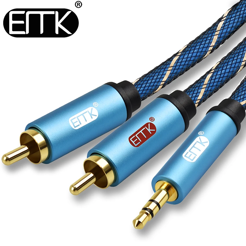 EMK-Cable de Audio de 3,5mm a 2RCA, conector RCA a 3,5 AUX, para DJ, amplificadores, Subwoofer, mezclador de Audio, cine en casa, DVD