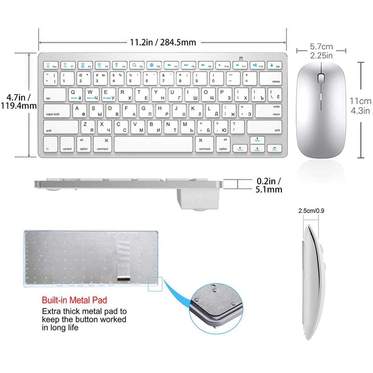 Combo de ratón y teclado ruso con Bluetooth, Mouse inalámbrico, Ultra delgado, silencioso, para Mac, iPad, iPhone, iOS, Android, Windows, Smart TV - imagen 3