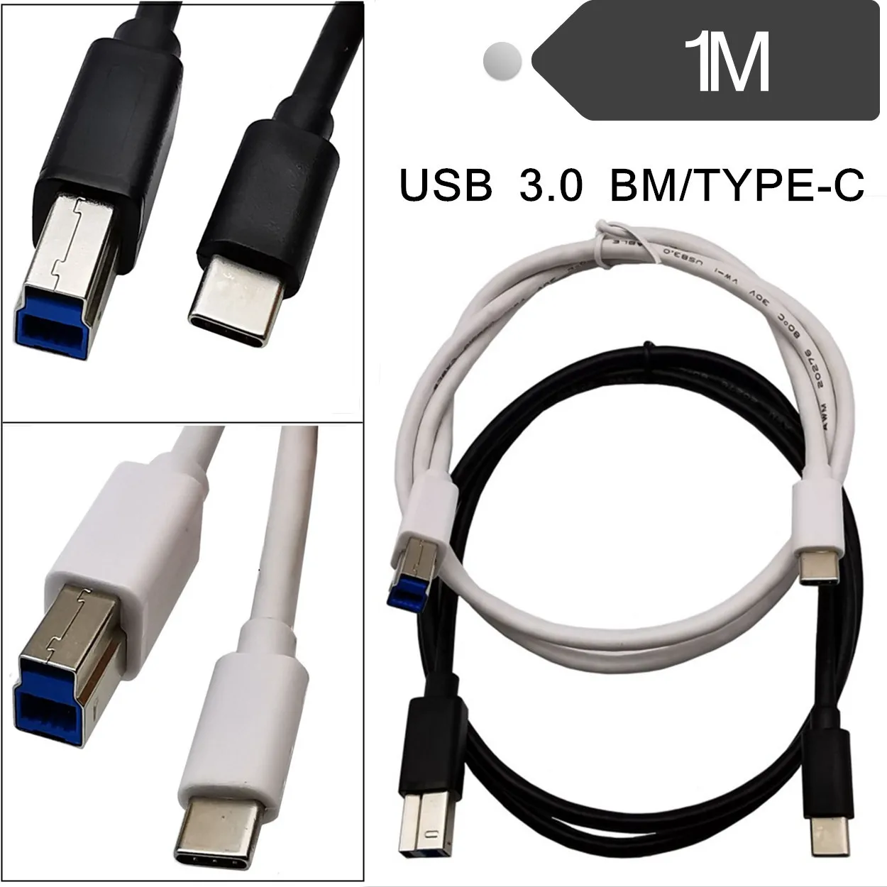 Cable estándar 3.1 tipo C macho a USB 3,0 B macho para impresora escáner blanco y negro 1m/100cm