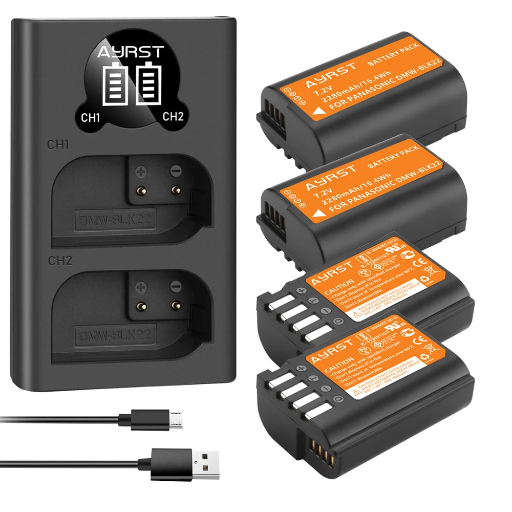 Batería de 2280mAh DMW-BLK22 BLK22 + cargador Dual USB LED para Panasonic LUMIX DC-S5,DC-S5K,GH5 II,GH6,S5M2, S5M2X, GH5M2