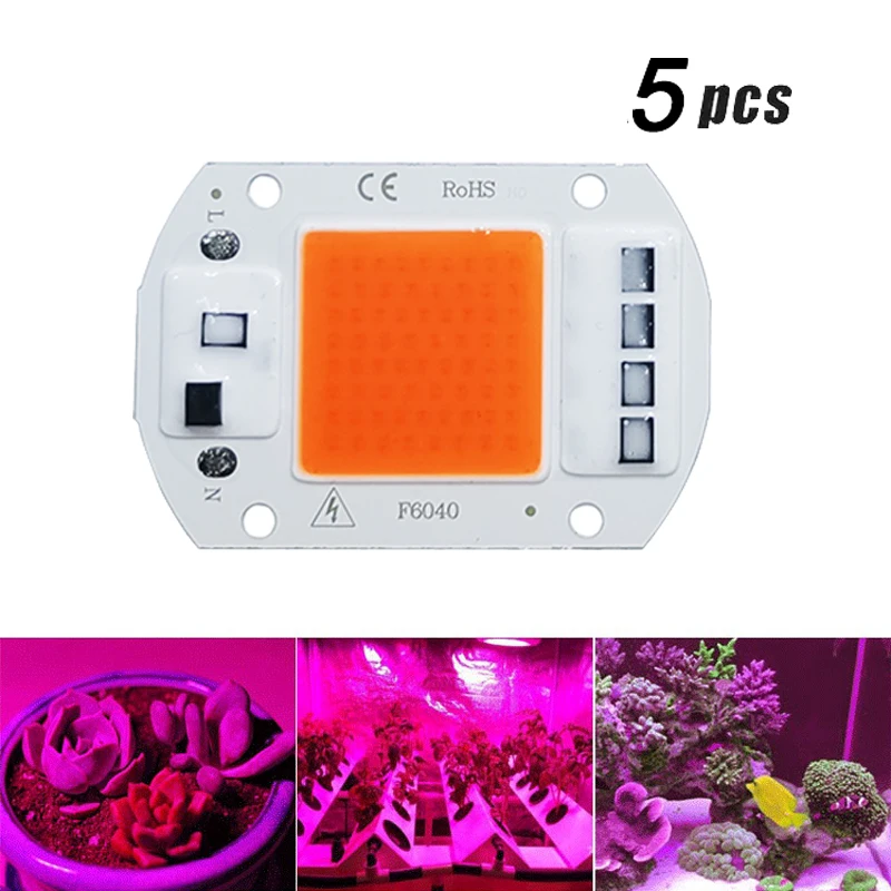 Chip de luz LED COB de espectro completo, 5 uds., CA 220V, 10W, 20W, 30W, 50W, sin necesidad de controlador para el crecimiento de plántulas de flores, iluminación de plantas