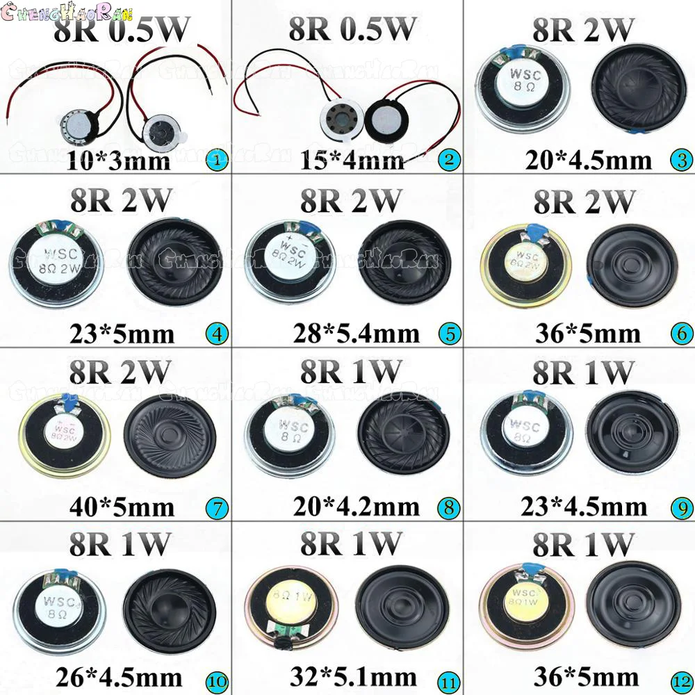 1 Uds 0,5 W 1W 2W 8R Mini altavoz 8 Ohm altavoz de bocina ultrafino diámetro 10mm 15mm 20mm 23mm 26mm 28mm 32mm 36mm 40mm altavoz