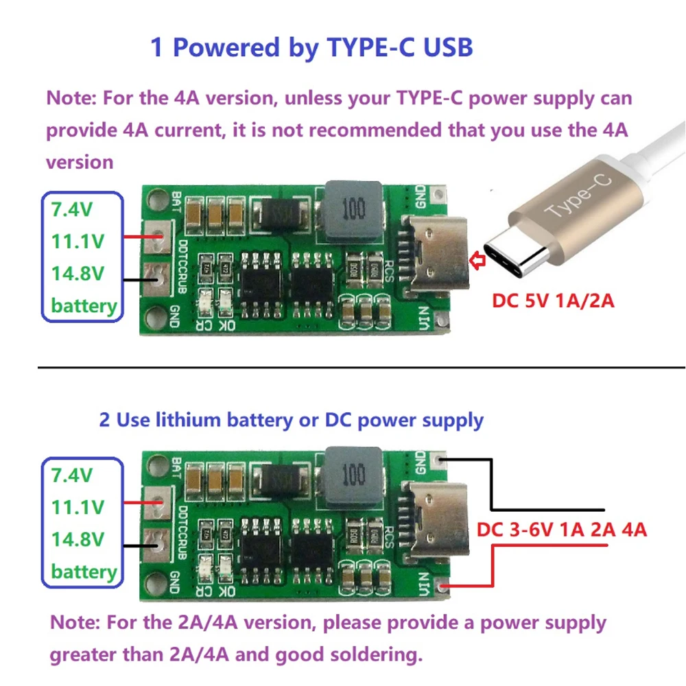 Módulo de carga de polímero de iones de litio multicelda, 2S, 3S, 4S, tipo C a 8,4 V, 12,6 V, 16,8 V, 7,4 V, 11,1 V, 14,8