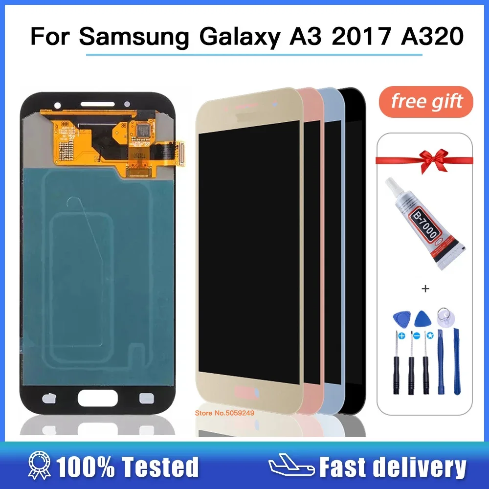 Pantalla lcd Oled para móvil, montaje de digitalizador con pantalla táctil, herramientas y pegamento, puede ajustar el brillo, para Samsung Galaxy A3 2017 A320