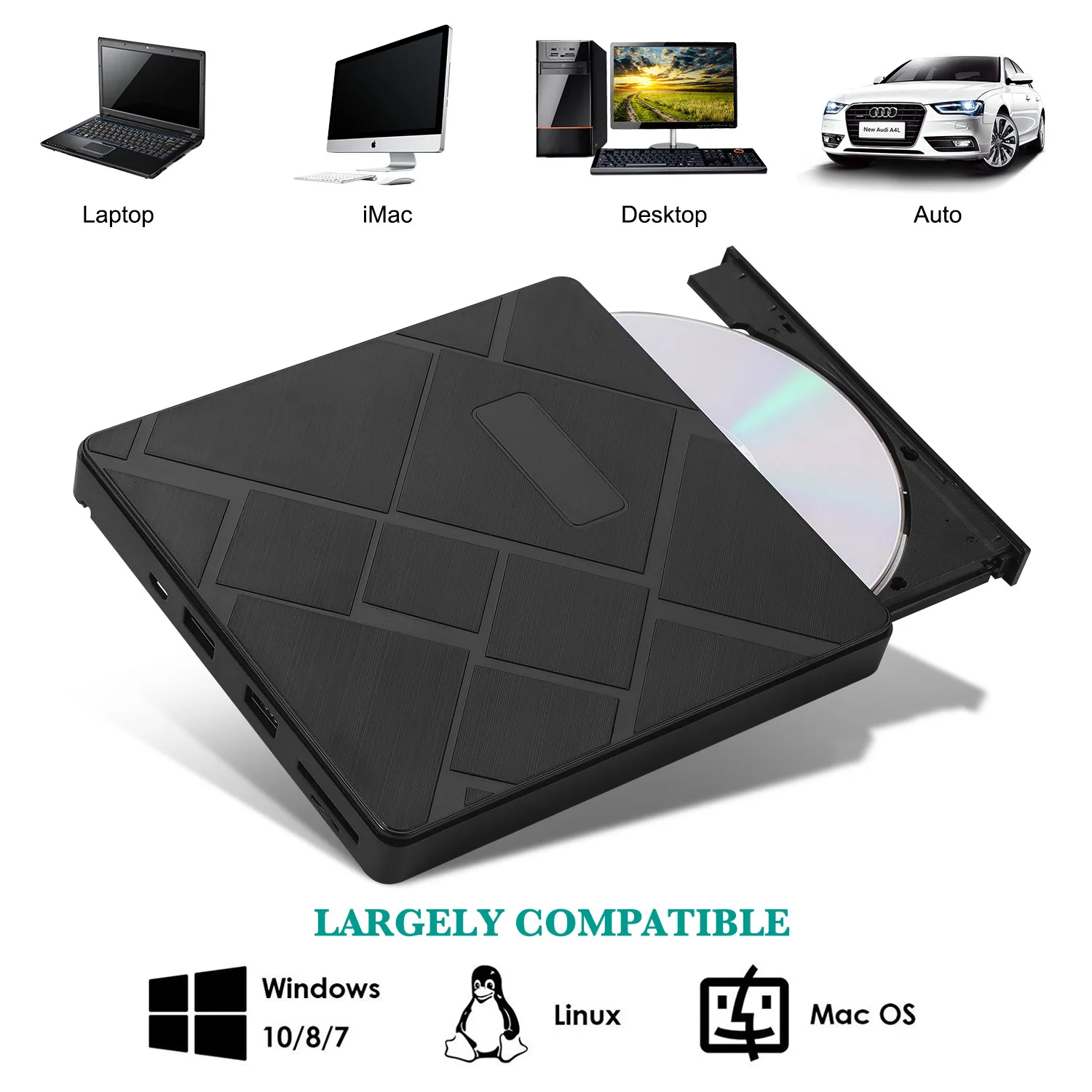 KuWFi-grabador de DVD usb 3,0 + tipo C, Unidad óptica externa RW, reproductor de CD/DVD, lector de tarjetas TF/SD para Mac, portátil, Windows y PC - imagen 3