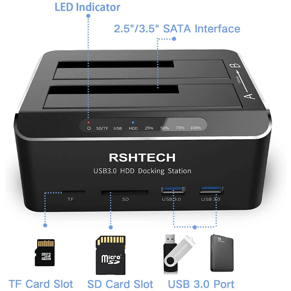 Estación acoplamiento USB 3.0 doble bahía HDD SSD lector SD - imagen 4