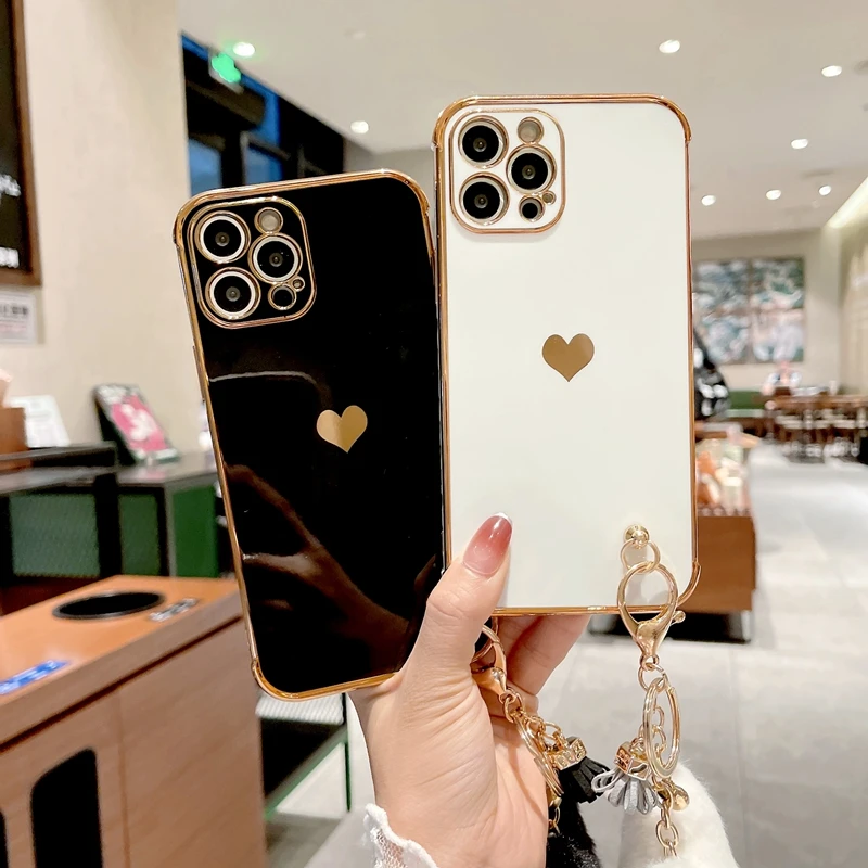 Funda de teléfono de lujo con diseño de corazón de amor para iPhone, carcasa trasera de parachoques colgante para modelos 11, 12, 13 Pro Max, XS, X, XR, 7, 8 Plus, SE 2020 - imagen 3