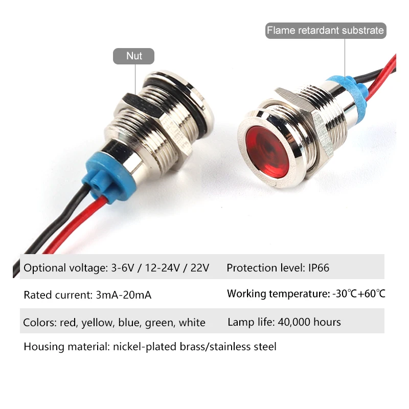 Lámpara de señal de luz indicadora de Metal impermeable Led de 19Mm 3V 6V 12V 24V 110V 220V con cable botón de Metal rojo/amarillo/azul/verde/blanco - imagen 3