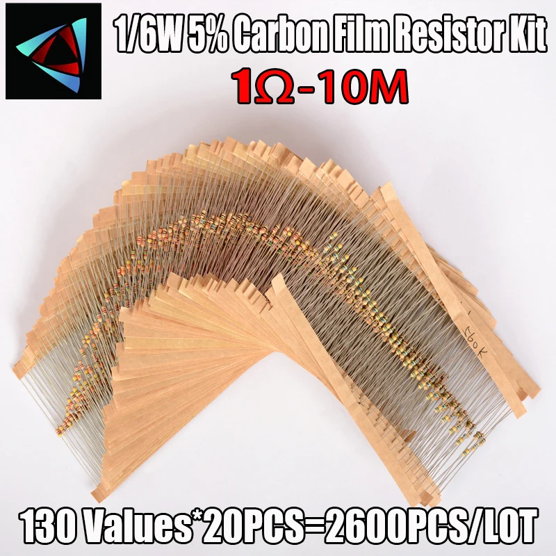 Kit de resistencias de película de carbono, surtido de muestras, 1/6W, 2600, 1R ~ 10M, Ohm, 130ValuesX20Pcs, 5% unidades por lote - imagen 2