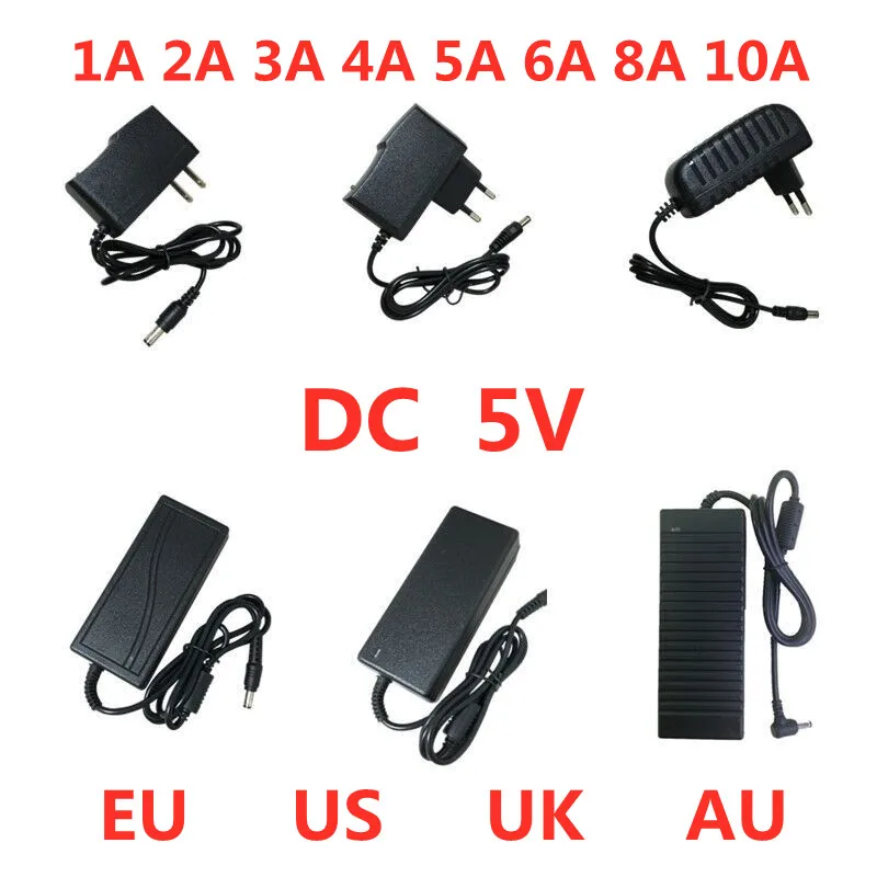Adaptador de fuente de alimentación AC 100V-240V a DC 5 V 1A 2A 3A 4A 5A 6A 8A 10A, convertidor de cargador de 5 V voltios para tira de luces LED, 1 ud.