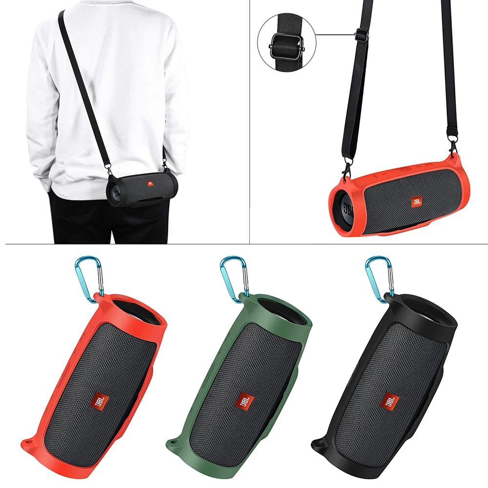 Funda de silicona para JBL Charge, funda de piel con correa, mosquetón, Altavoz Bluetooth inalámbrico portátil esencial