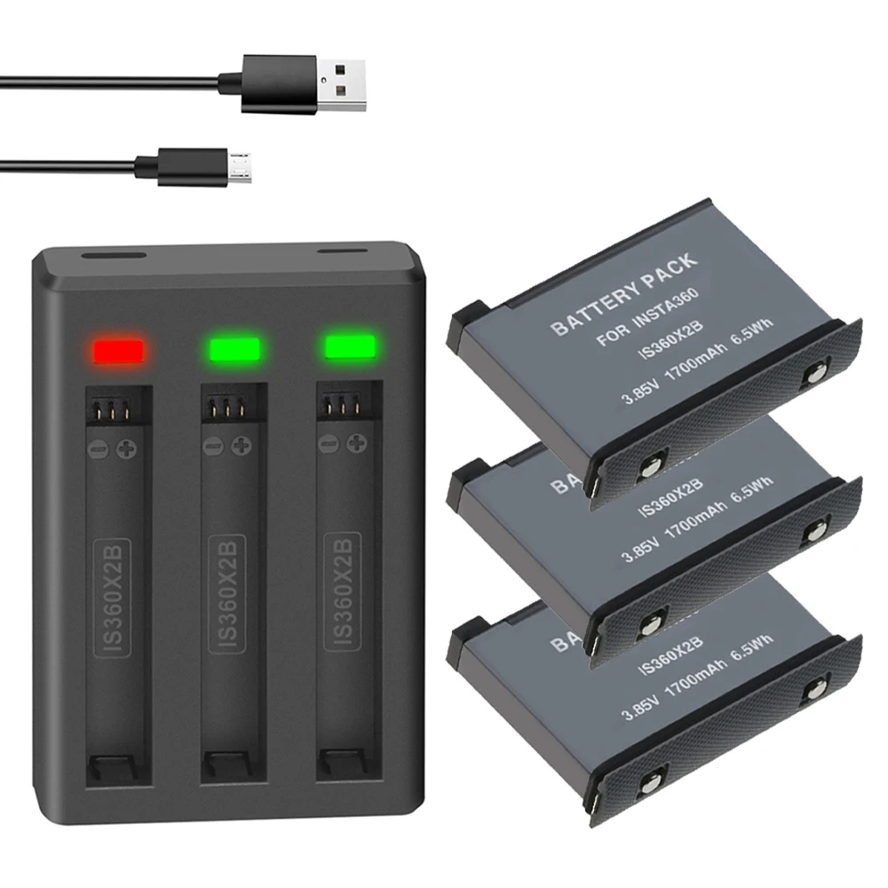 Batería de 1700mAh, cargador de 3 vías con luz LED, Micro Cable de carga para accesorios de cámara Insta360 One X2