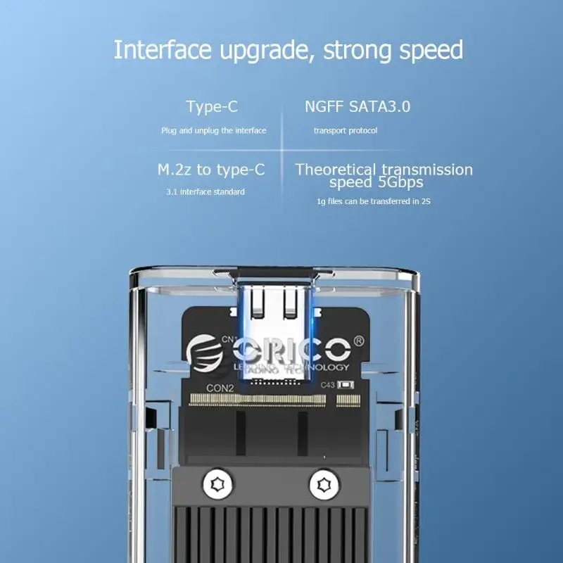 ORICO-carcasa transparente para disco duro M.2 NGFF SATA B Key, carcasa de disco duro NGFF m.2 a USB3.1 tipo C, 5gbps, TCM2F-C3 - imagen 4