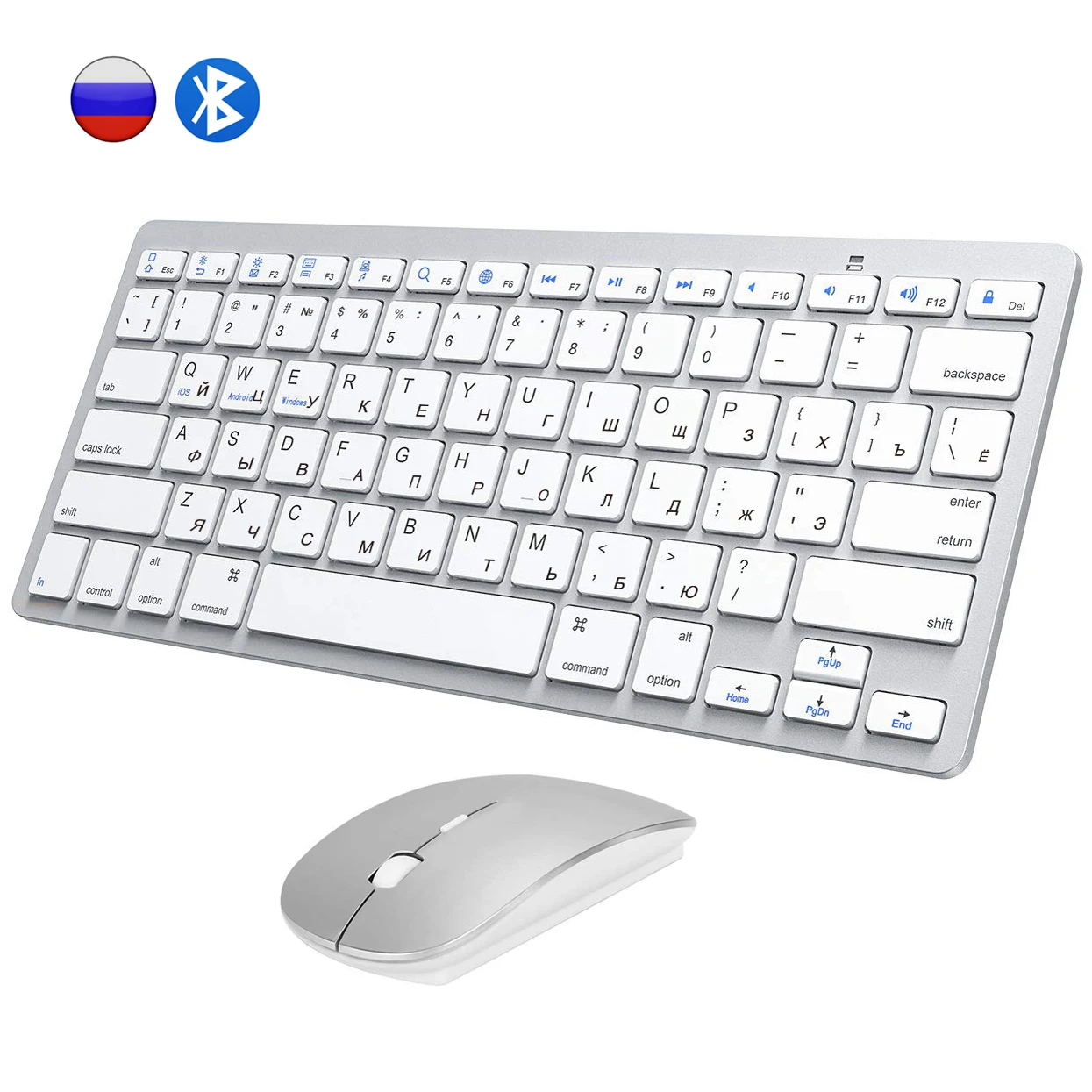 Combo de ratón y teclado ruso con Bluetooth, Mouse inalámbrico, Ultra delgado, silencioso, para Mac, iPad, iPhone, iOS, Android, Windows, Smart TV