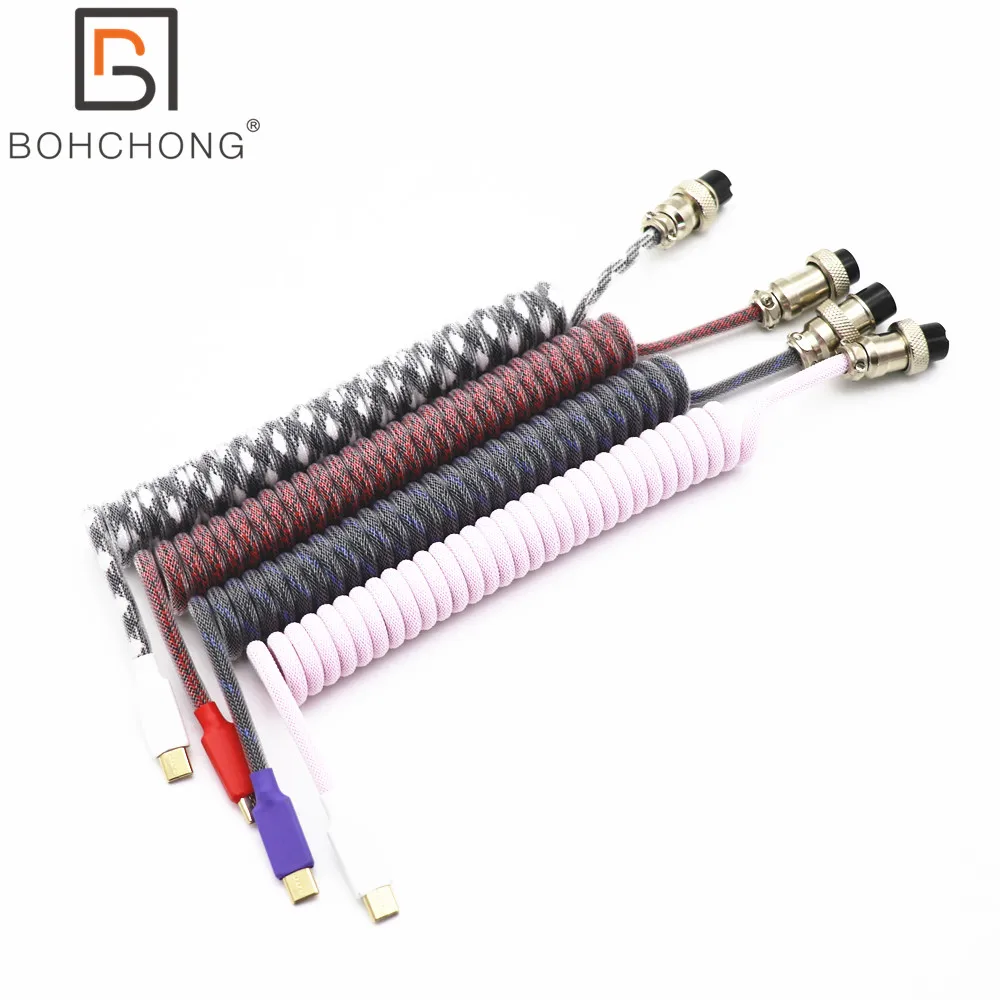 Paracord PET espiral más gruesa OD 23MM bobina teclado USB tipo C Cable en espiral elástico en forma de L Mini Micro colorido GX16 Cable Data2.0