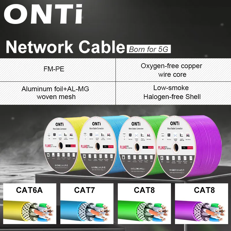 ONTi-RJ45 CAT8 CAT7 CAT6A Cable blindado S/FTP 22AWG 23AWG 4PR, cobre sin oxígeno LSZH ANSI TIA 568C.2-1 y ISO/IEC TR 11801