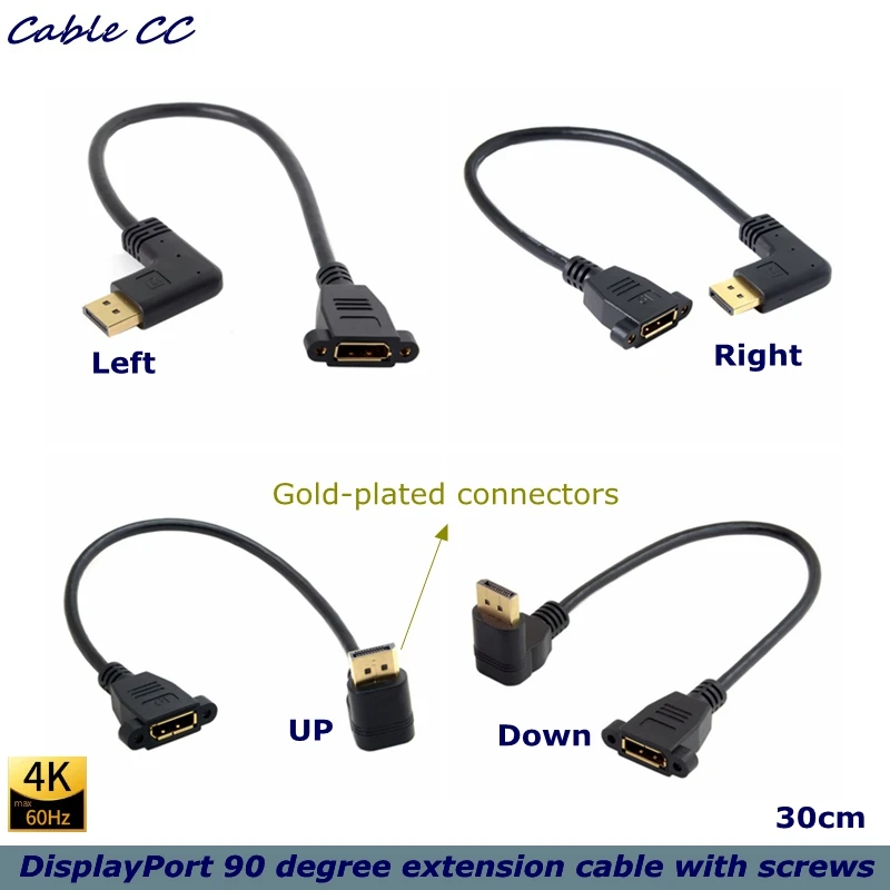 Adaptador de cable de extensión de montaje en panel Displayport, codo de ángulo de 90 grados, 30cm, HD DP, 1,4 V, macho a tornillo de enchufe de autobús, 2K @ 144Hz