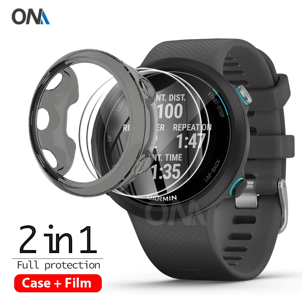 Funda protectora 2 + 1 + Protector de pantalla para reloj inteligente Garmin Swim 2, carcasa protectora de TPU suave, película de vidrio templado
