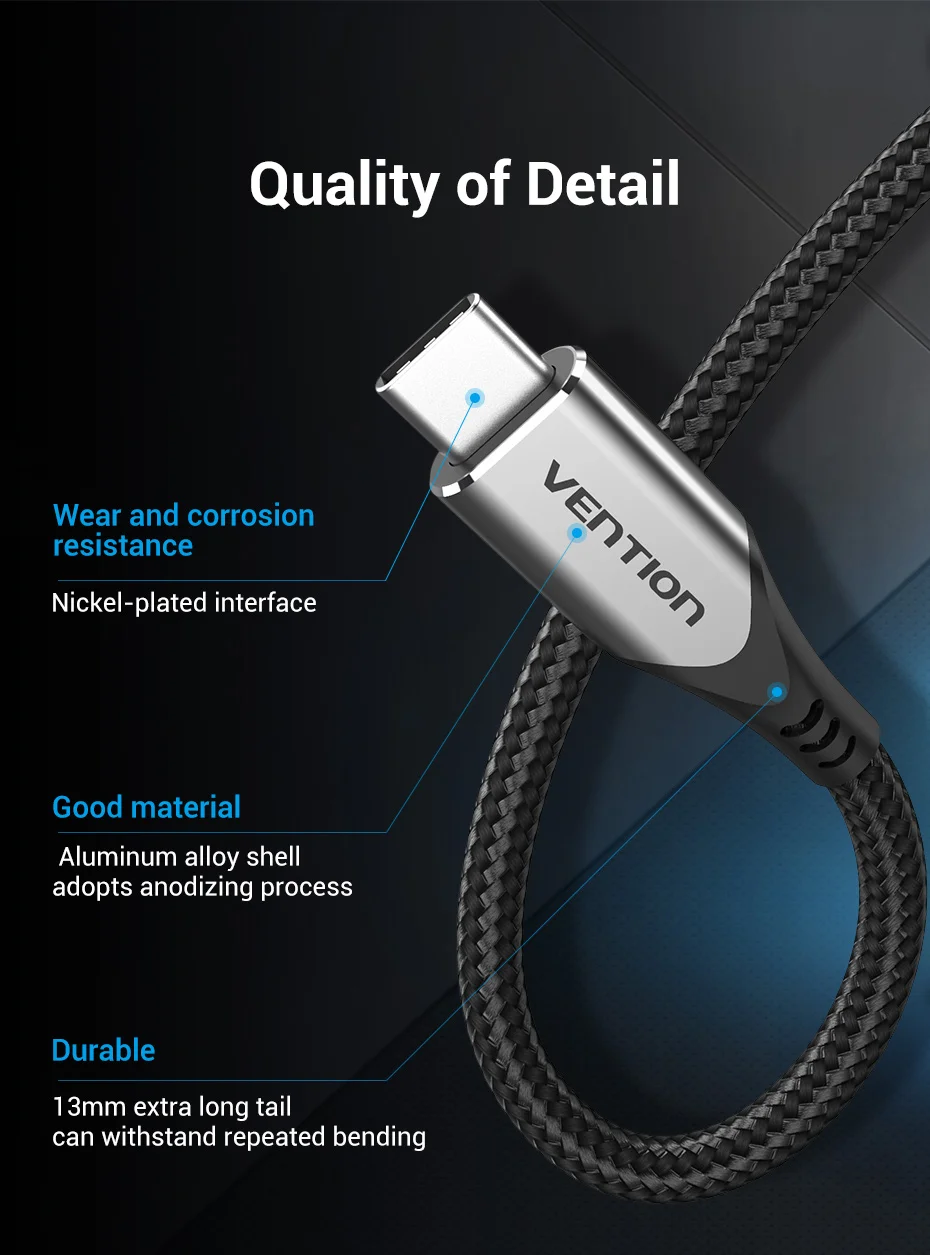 Cable Vention USB-C - detalles de calidad y acabado