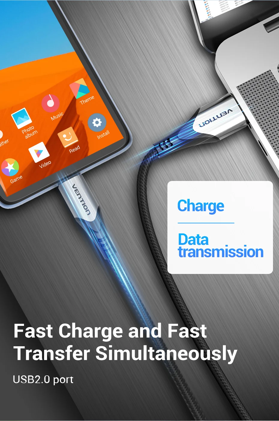 Un teléfono inteligente conectado a una computadora portátil mediante un cable USB. El cable tiene la marca Ventola y se utiliza tanto para cargar el teléfono como para transmitir datos.