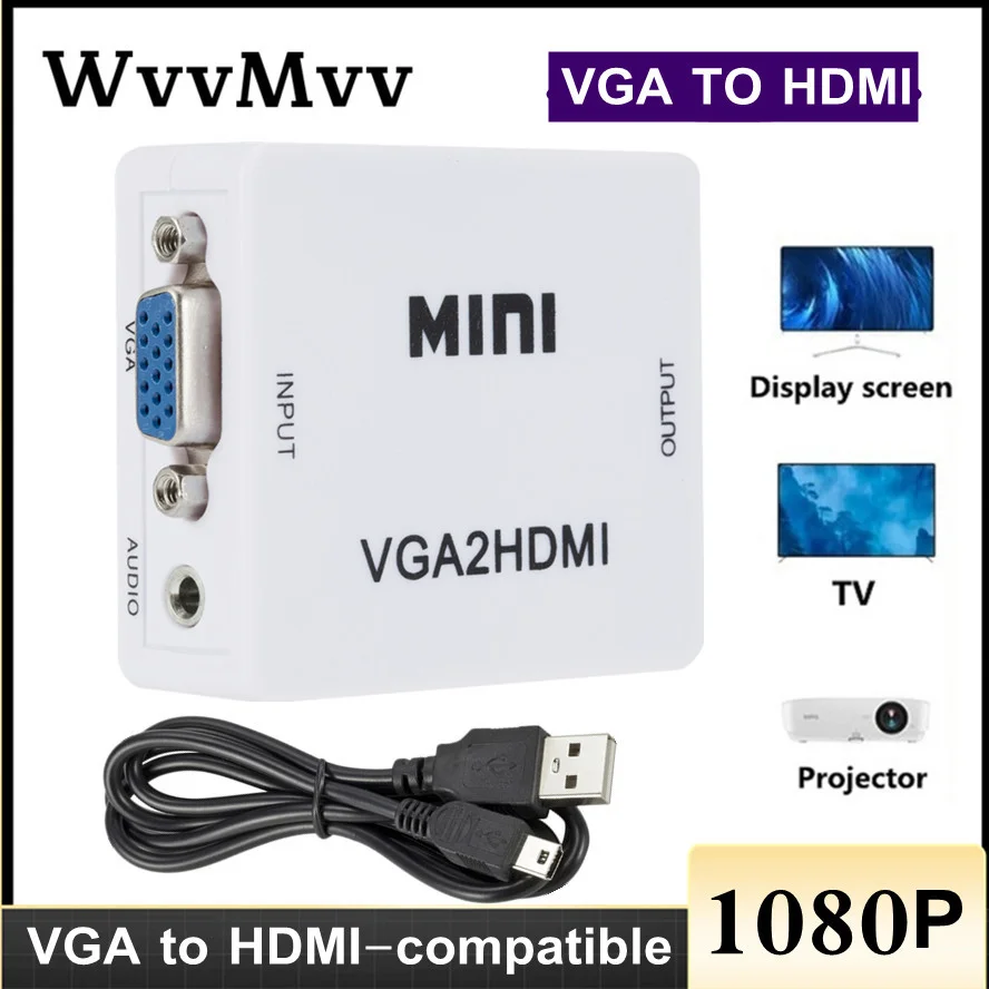 WVVMVV-convertidor Mini VGA a HDMI, Adaptador de Audio para Notebook de 1080P, PC, HDTV, proyector, TV, portátil