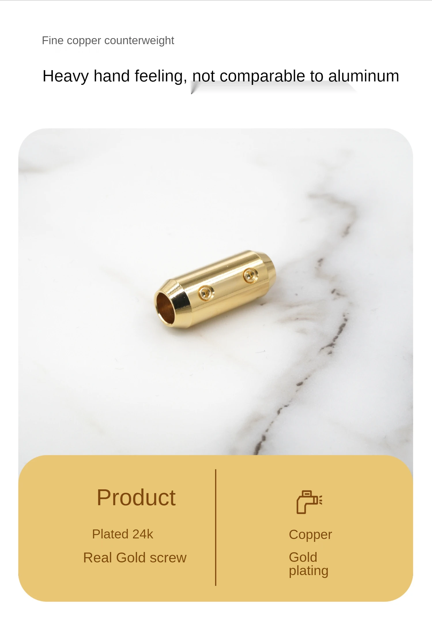 Un tornillo de color dorado está en un mostrador de mármol blanco