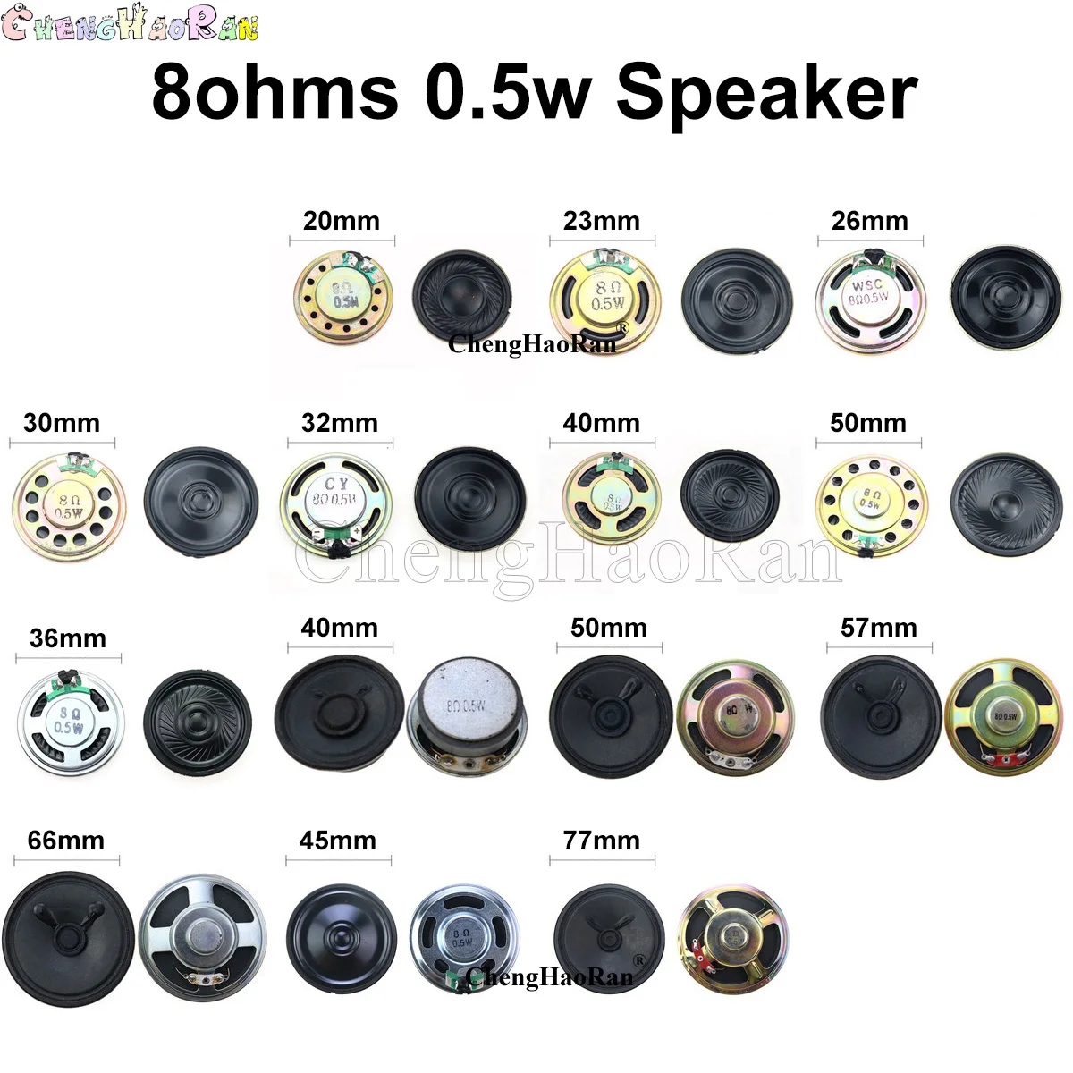 Bocina de 0,5 W, 1 piezas, 8R, 10mm, 15mm, 20mm, 23mm, 26mm, 30mm, 32mm, 36mm, 40mm, 50mm, 8 ohm, 0,5 W