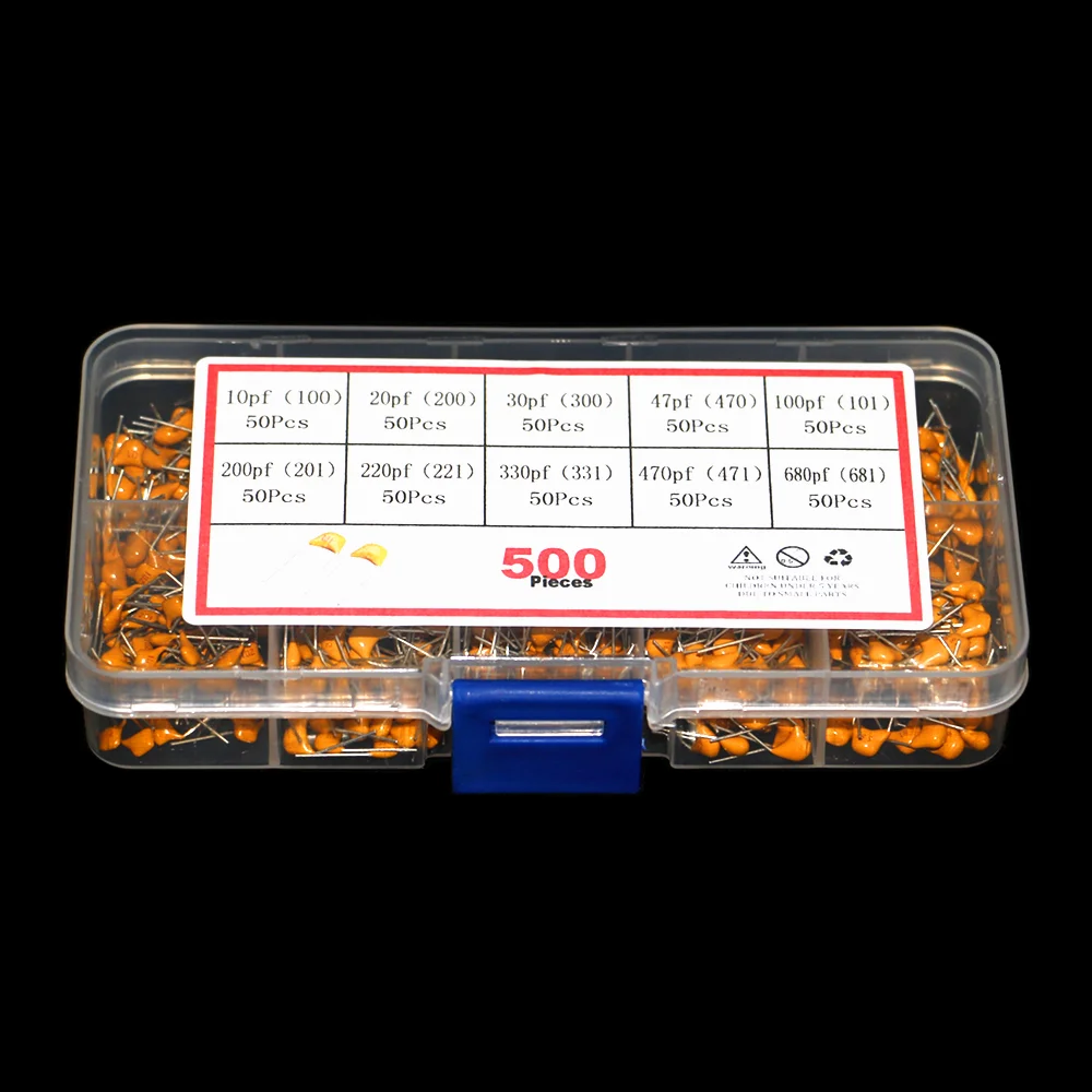Kit surtido de condensadores de cerámica multicapa y monolíticos con caja de almacenamiento, 10 valores, x50 piezas, 10pF ~ 680pF (500 ~ 100), 681 unids/lote por caja - imagen 2
