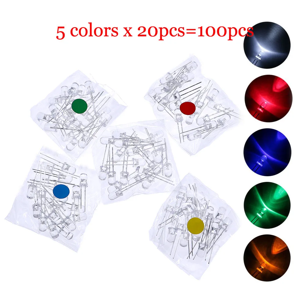 Kit surtido de diodos emisores de luz LED transparentes F5, Kit de bricolaje, 100 piezas, 5mm, blanco, verde, rojo, azul, amarillo, naranja, rosa, morado, Blanco cálido