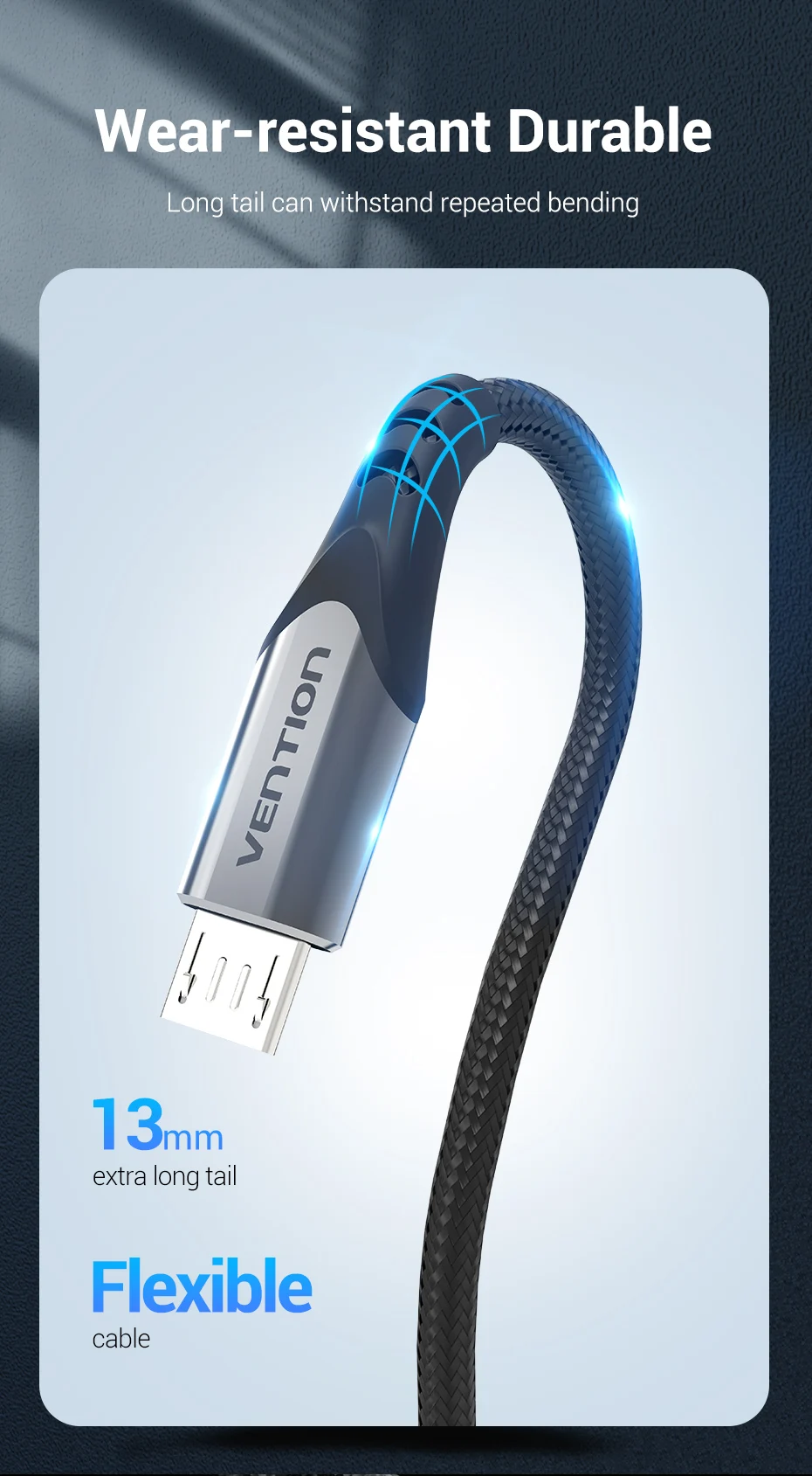 Un cable USB con diseño en espiral. Se anuncia como Durable y resistente al desgaste, lo que sugiere que está hecho para resistir el desgaste.