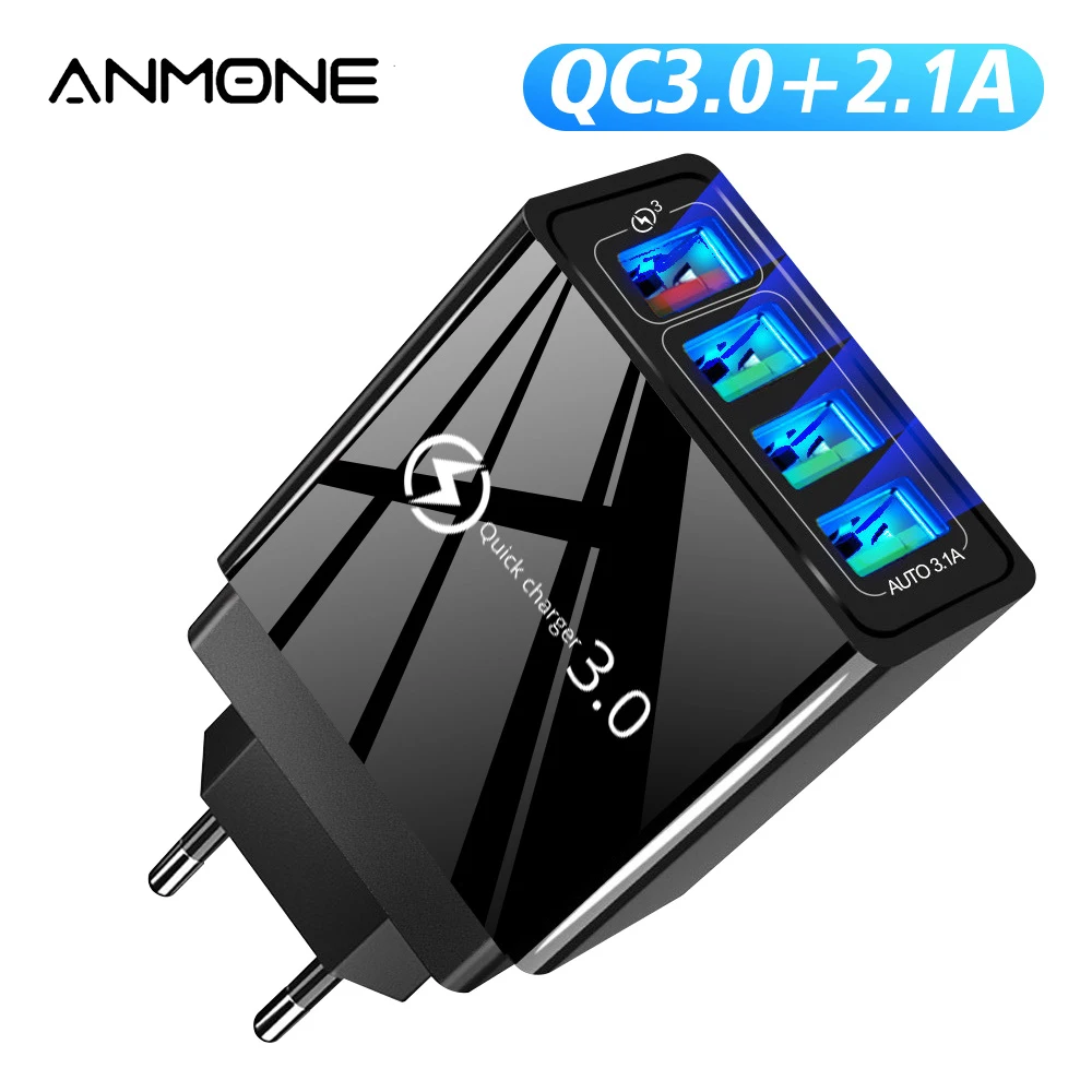 ANMONE-Adaptador de 4 puertos QC 3,0, Cargador rápido de pared para teléfono móvil, enchufe europeo, adaptador de viaje para iPhone, Samsung y Huawei