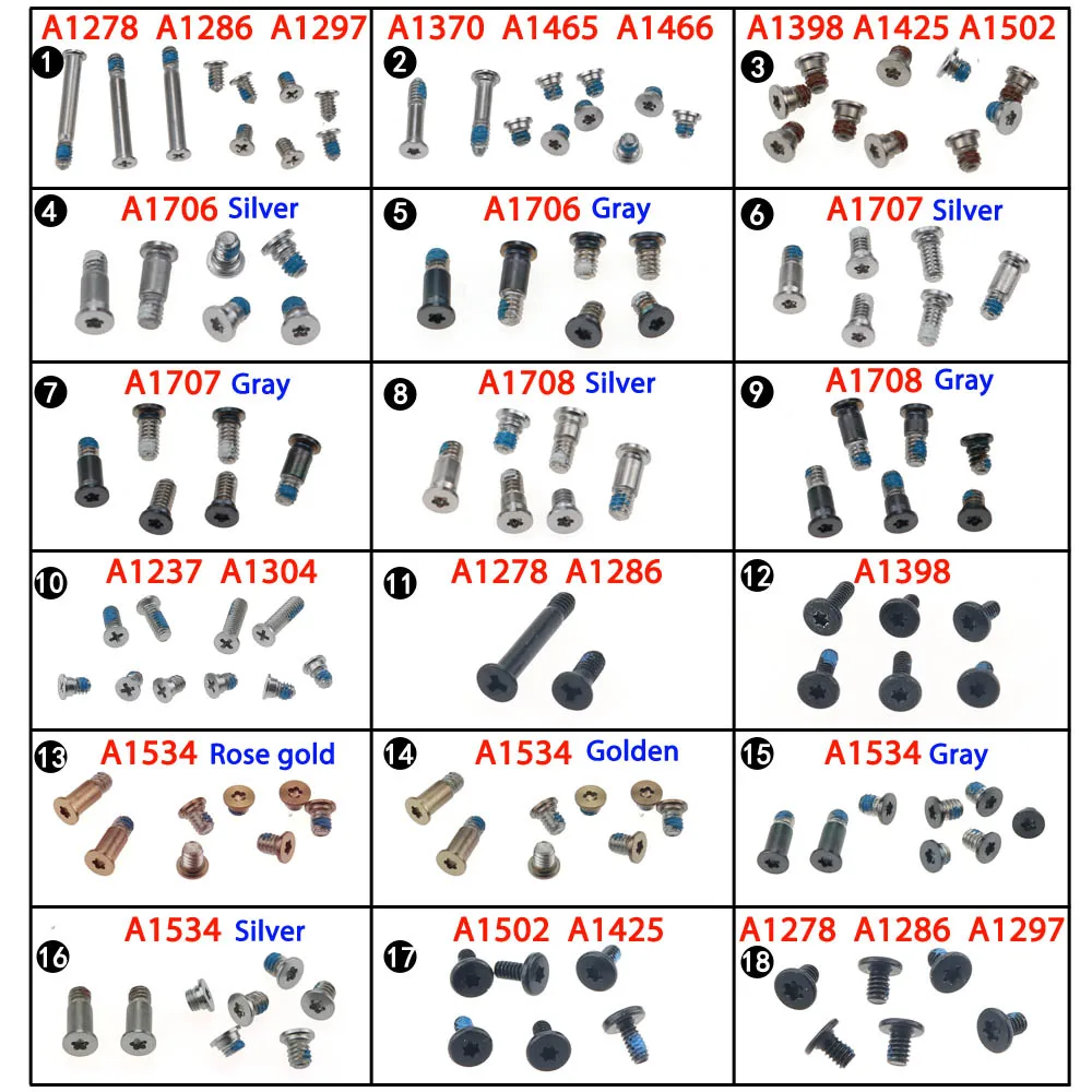 Juego de tornillos de juego de funda inferior para portátil para Macbook Pro Retina A1278 A1286 A1297 A1398 A1425 A1502 A1706 A1707 A1708 A1534