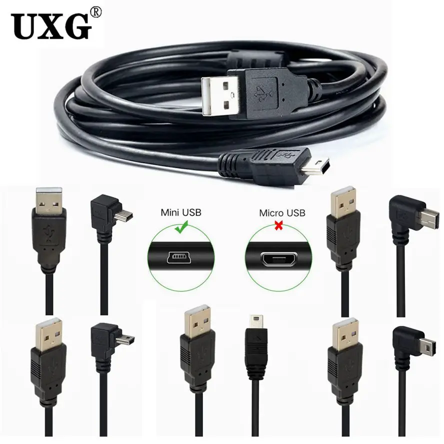 USB 2,0 tipo A a arriba abajo izquierda derecha en ángulo 90 grados Mini USB Cable de carga de sincronización de datos 0,25 m 0,5 m 1m 1,5 m 3m 5m