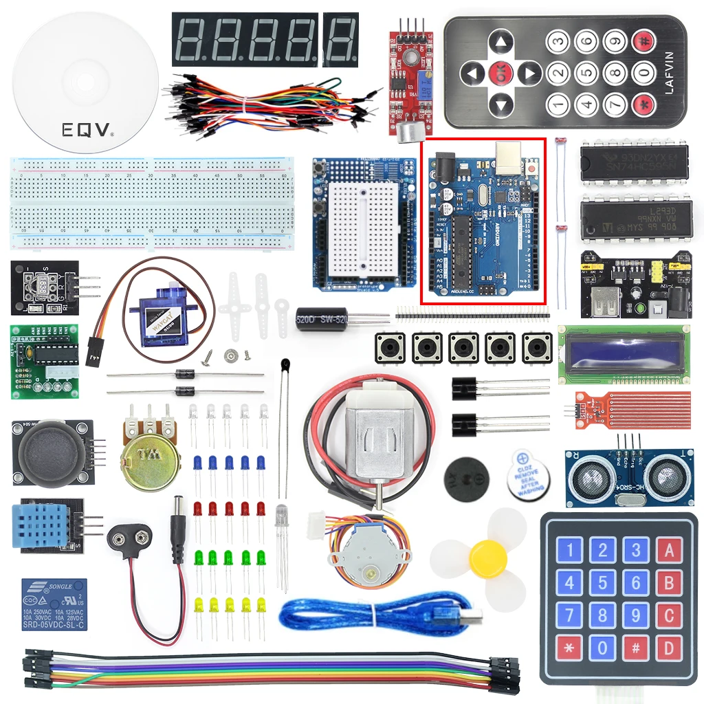 EQV Super Starter Kit para Arduino UNO R3 - Uno R3 Placa de pruebas/Motor paso a paso/Servo SG90/1602 LCD/cable de puente/Tutorial de CD